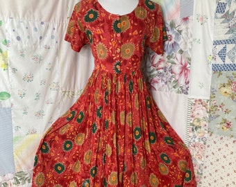 LARGE, Cotton Lightweight Boho Hippie Bohemian Long Full Red Floral Jane Ashley Dress