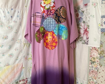 OPEN SIZE, Cotton Upcycled Ombre Flower Power Hippie Boho Full Long EcoFriendly Caftan with Pockets