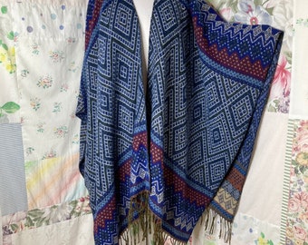 OPEN SIZE, Woven Fringed Lightweight Bohemian Boho Hippie Long Blue Cover Up