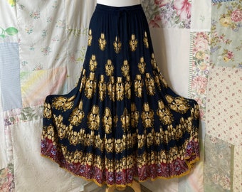 SMALL Extra LongTiered Bohemian Hippie Flowerchild Boho Navy Blue Full Skirt