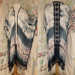 LARGE/XL, Tie Dyed Boho Hippie Bohemian Blue Woven Lightweight Long Kimono Cover Up with Fringe. image 1