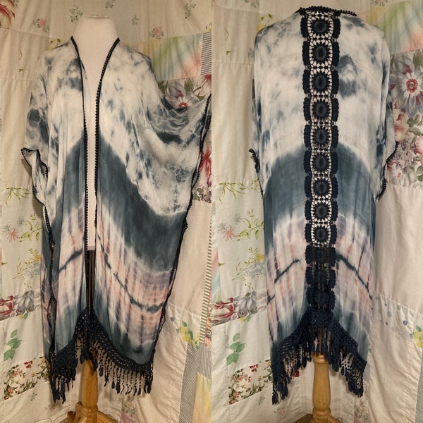LARGE/XL, Tie Dyed Boho Hippie Bohemian Blue Woven Lightweight Long Kimono Cover Up with Fringe.