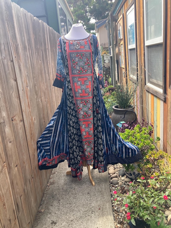 MEDIUM, Long Patchwork Boho Lined Dress with Bead… - image 1