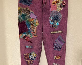 MEDIUM/LARGE, UPCYCLED Embroidered Patchwork Purple Stonewashed Denim Jeans