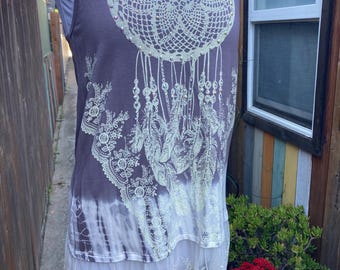 SMALL/MEDIUM,  Stretchy Soft Rhinestone Embellished Sleeveless Boho Dreamcatcher Blouse with Lacey Hem