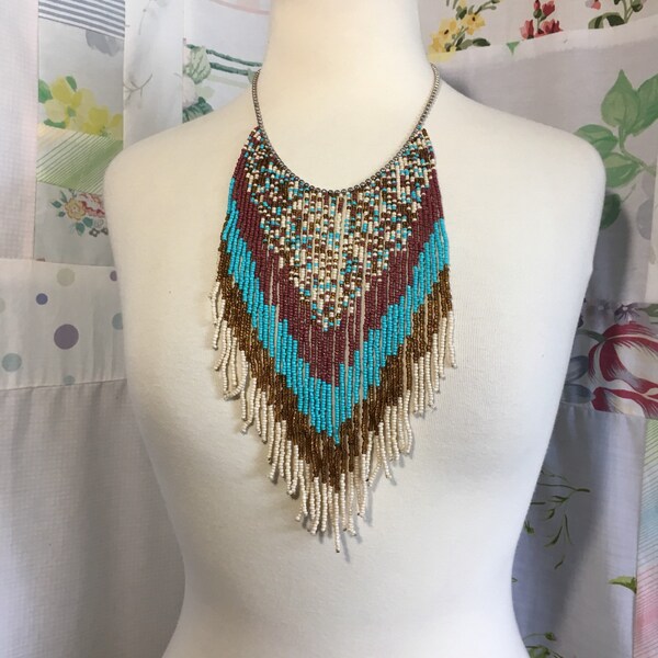 NECKLACE, Bohemian Hippie Colorful Beaded Native American Bib Necklace