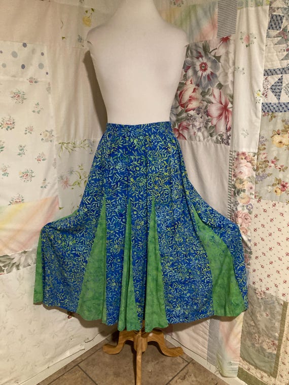 MEDIUM, Patchwork Batik Blue Green Long Full Skirt - image 1