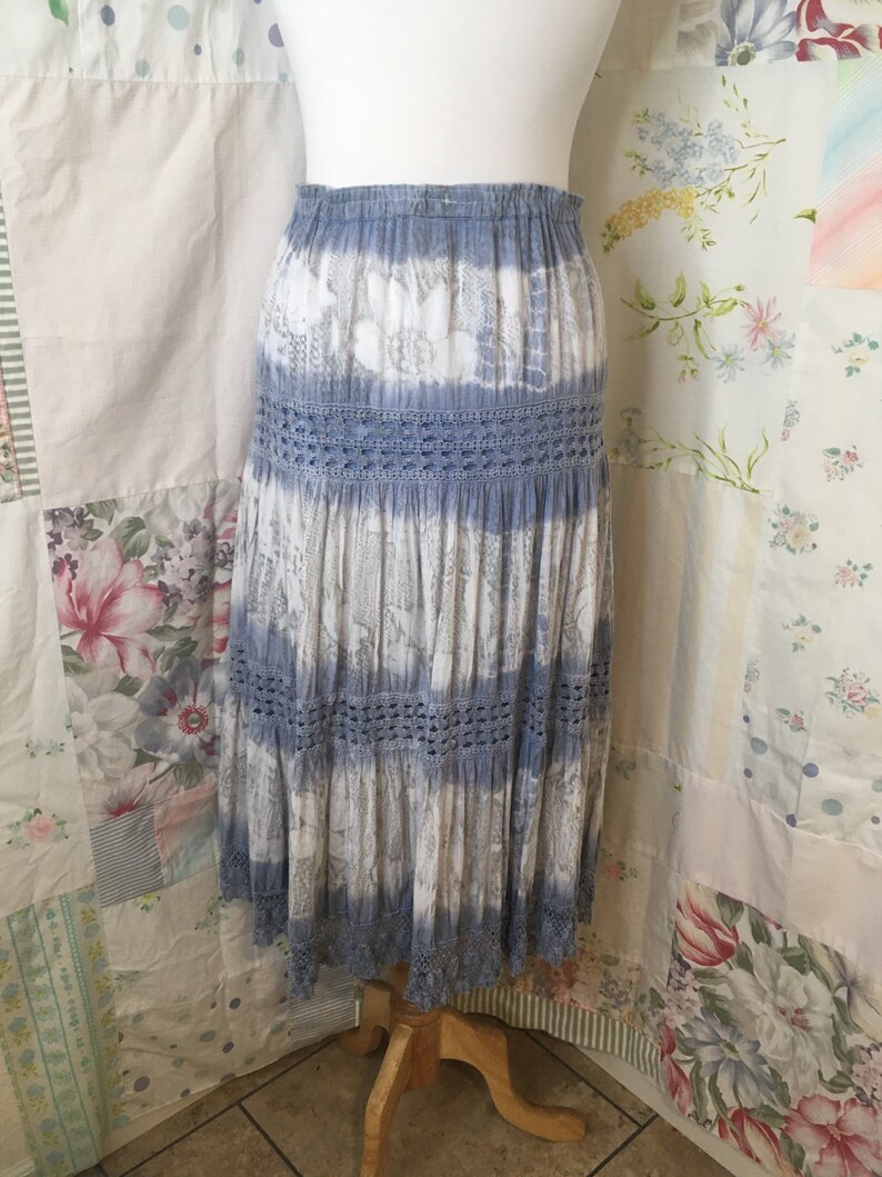 MEDIUMLARGE Skirt Flowerchild Hippie Boho Bohemian Full Long Cotton Blue WhiteTiered Tie Dyed and Lace Skirt