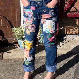 MEDIUM, Upcycled Levi Strauss Embroidered Patchwork Bohemian Hippie Boho FlowerChild Blue Jeans