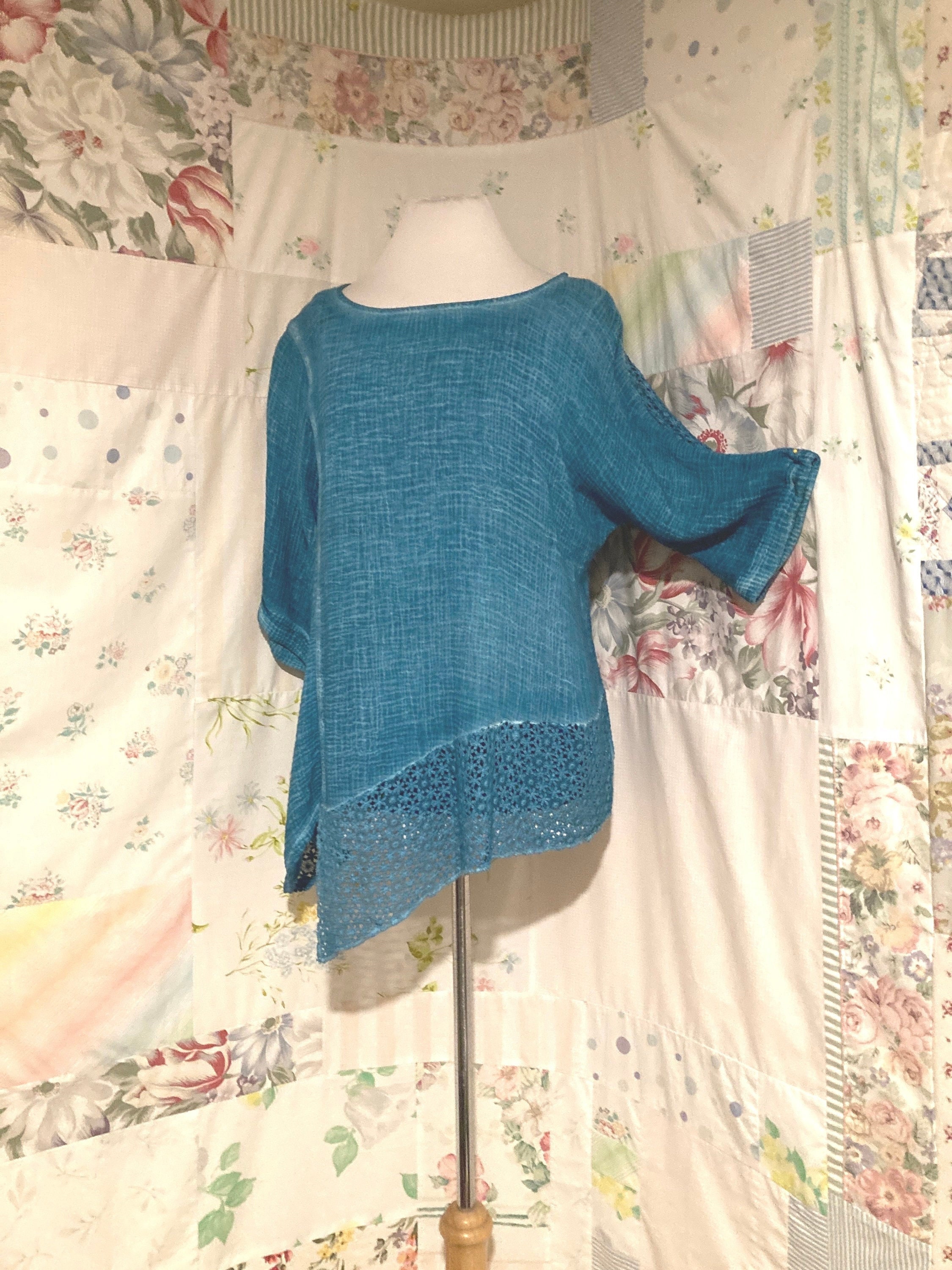 SMALL/MEDIUM Cotton Turquoise Boho 2 Piece Blouse with Asymmetrical Hem