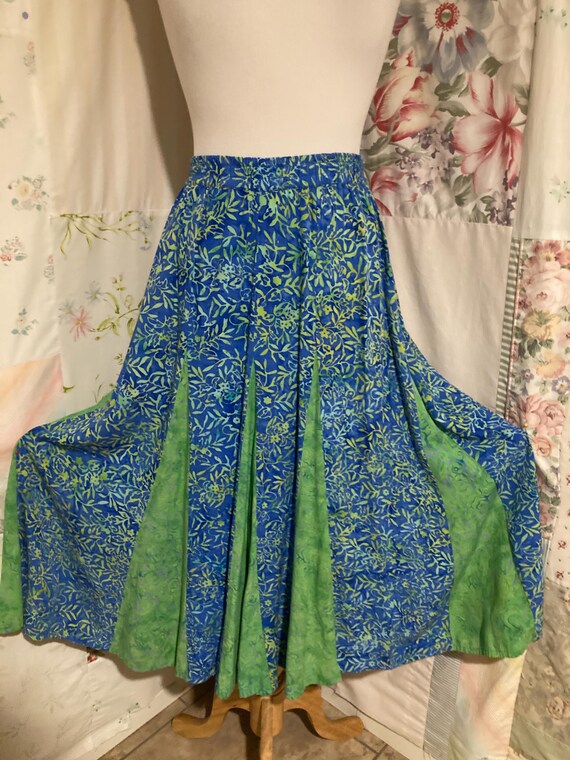 MEDIUM, Patchwork Batik Blue Green Long Full Skirt - image 2