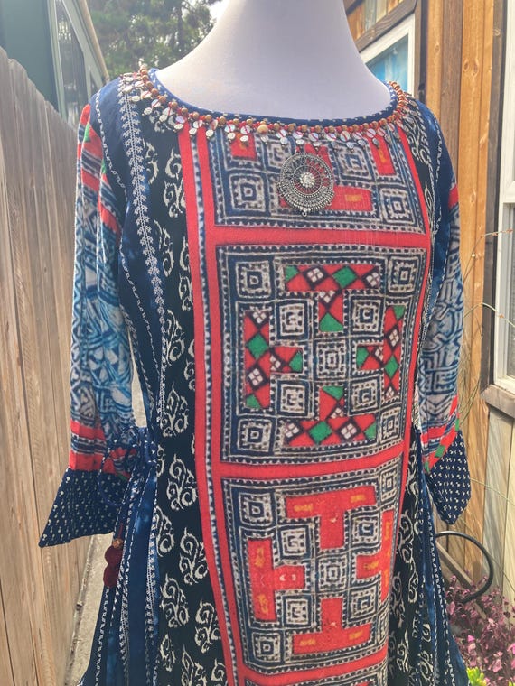 MEDIUM, Long Patchwork Boho Lined Dress with Bead… - image 2