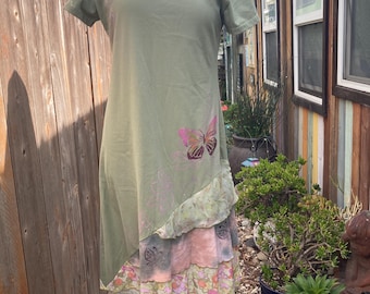 MEDIUM, Soft Stretchy Cotton Ruffled Painted Sage Green Boho Dress