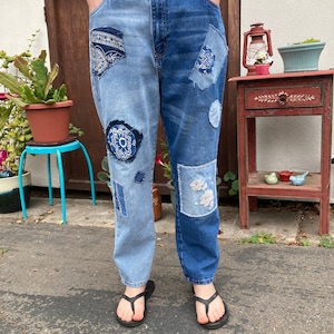 LARGE Upcycled Patchwork Embroidered Denim Boho Hippie Jeans