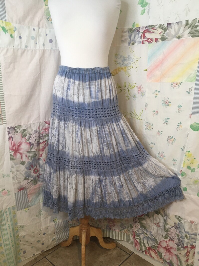 MEDIUMLARGE Skirt Flowerchild Hippie Boho Bohemian Full Long Cotton Blue WhiteTiered Tie Dyed and Lace Skirt