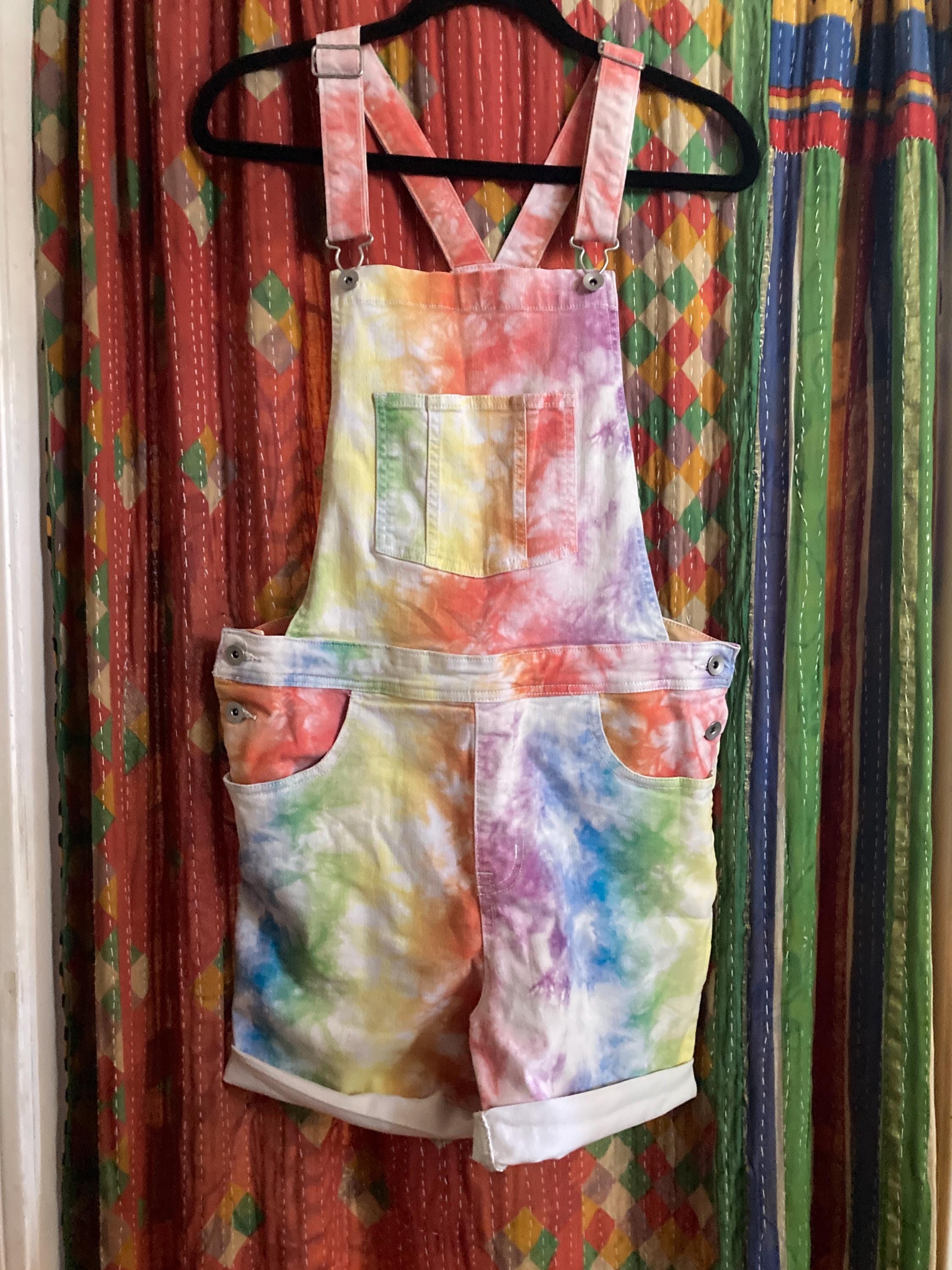 MEDIUM, Overall Shorts, Tie Dyed Boho Hippie With 4 Pockets and Adjustable Straps