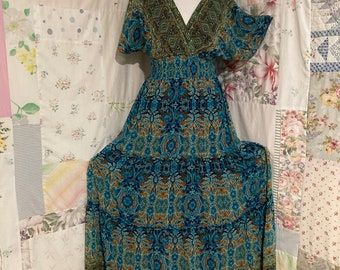 SMALL, Tiered Lined Bohemian Hippie Boho Long Full Green Blue Turquoise Dress