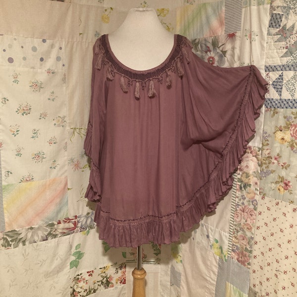 EXTRA LARGE, XXL, Blouse, Embroidered Lightweight Long Bohemian Boho Hippie Flowerchild Plum Color Ruffled Cover Up