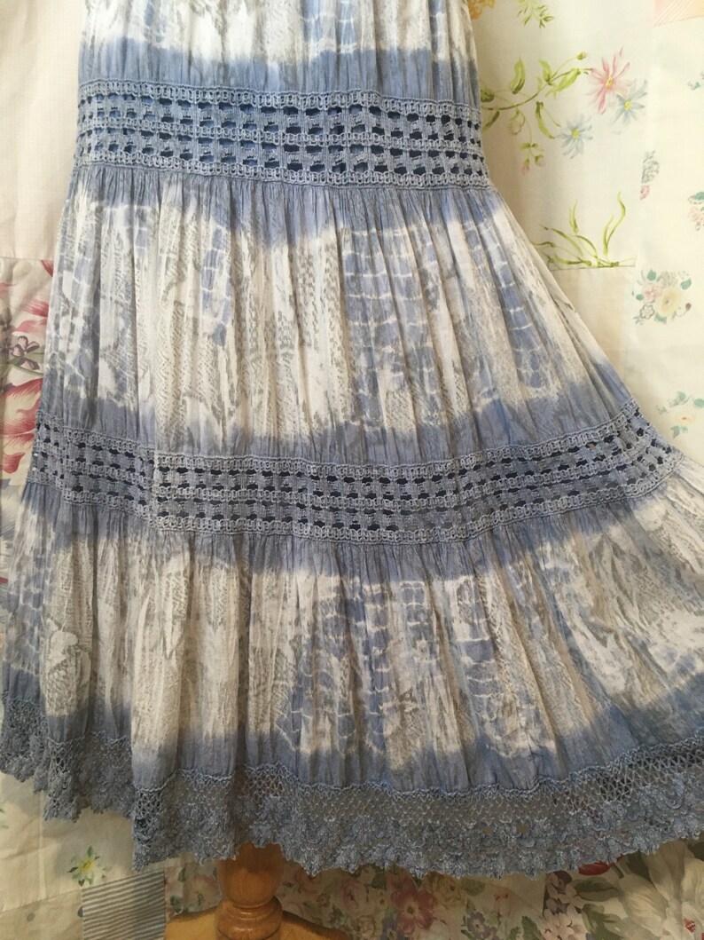 MEDIUMLARGE Skirt Flowerchild Hippie Boho Bohemian Full Long Cotton Blue WhiteTiered Tie Dyed and Lace Skirt