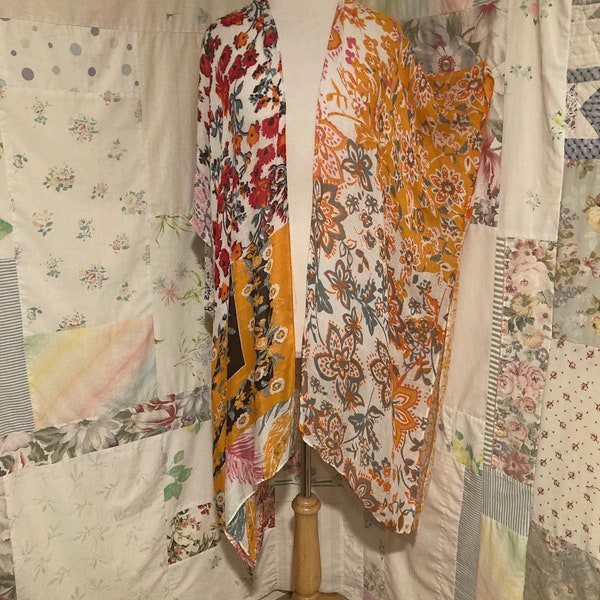 OPEN SIZE, Kimono, Very Lightweight Patchwork Print Bohemian Boho Hippie Long Cover Up