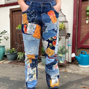 MEDIUM, Upcycled Levis Embroidered Boho Hippie Flowerchild Patchwork Denim Jeans with Macrame Beaded Belt