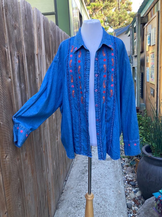 EXTRA LARGE, Denim Jacket with Tiny Beads, Ruffle… - image 1