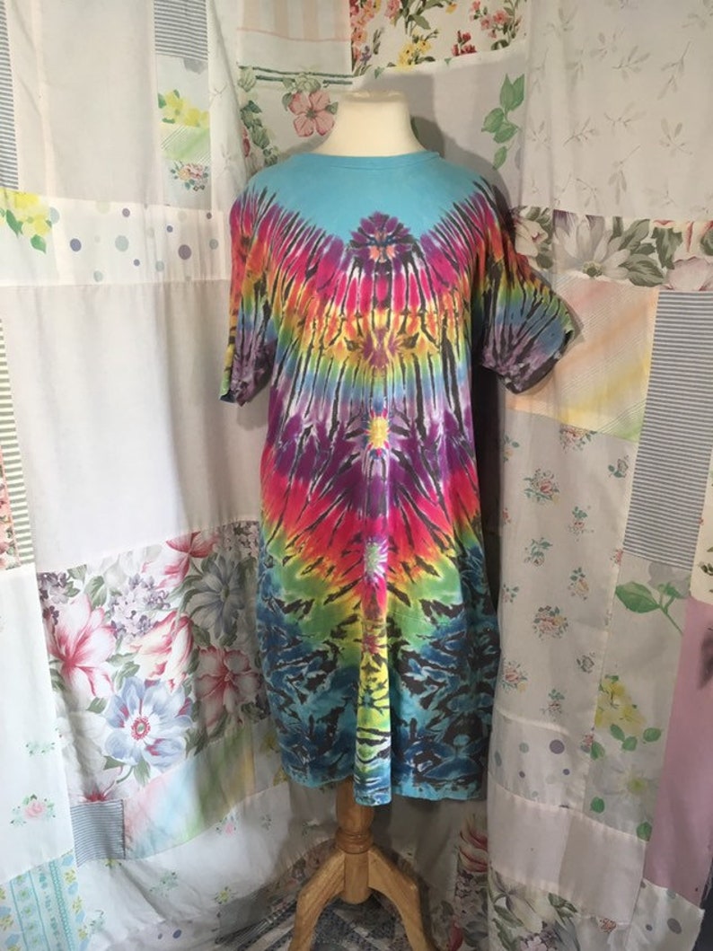 MEDIUMLARGE Hippie Sleepwear Long T-Shirt Long Nightgown Tie Dyed Cotton