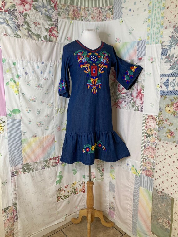 SMALL Dress,  Embroidered Denim Bohemian Hippie Dr