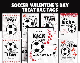 Pode incluir: Etiquetas para sacos de guloseimas de Dia dos Namorados com tema de futebol, com gráficos de bolas de futebol e mensagens de Dia dos Namorados. Os designs incluem frases como "You Make My Day Score" e "You're a Real All-Star".