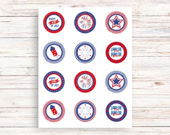 Fourth of July Cupcake Toppers, Stickers, Favor Tags; Patriotic stickers; Patriotic Cupcake Toppers; Party decorations, Fourth of July Party