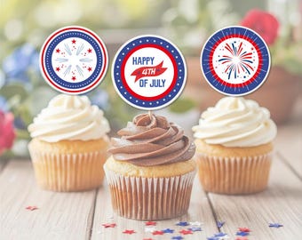 4 juli-muffinsdekorationer, klistermärken, etiketter; Patriotiska klistermärken; Patriotiska muffinsdekorationer; Festdekorationer, Fjärde juli-fest