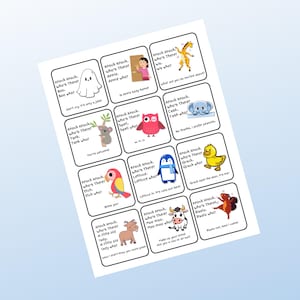 Puede incluir: Una hoja de tarjetas blancas con chistes de «toc toc» e ilustraciones de dibujos animados. Cada tarjeta presenta un chiste diferente con una imagen correspondiente, como un fantasma, un koala, un loro y una vaca. Los chistes están en texto negro.