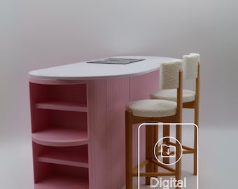 1:6 Scale Dollhouse Kitchen Island with Bar Stools - 3D Printing Digital File