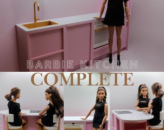 1:6 Scale Modern Kitchen with Sink & Faucet, Dishwasher, Oven, Fridge/Freezer, Kitchen Island, Bar Stools – 3D Printed | Functional Drawers