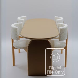 Può includere: Un set da pranzo moderno con un tavolo ovale marrone chiaro e una base curva. Quattro sedie con struttura in legno e rivestimento bianco testurizzato circondano il tavolo. Il testo "Digital File Only" è incluso.
