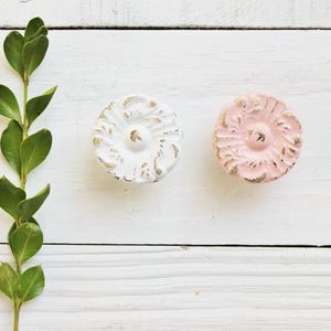 Chateau Cottage Flower Knobs Painted Shabby Chic White Kitchen Cabinet Pulls Dresser Drawer Door Cupboard Handle,French Cottage, Light Pink