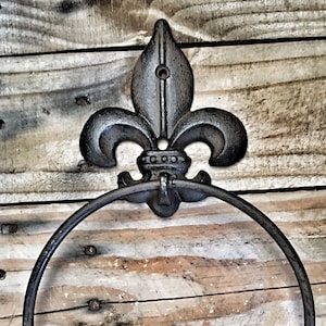 Shabby Chic Bathroom Decor,Bathroom Decor,Towel Hanger,Iron Decor,Black Bathroom Decor,Towel Ring,Wall Art,Bathroom Fleur De Lis Wall Decor