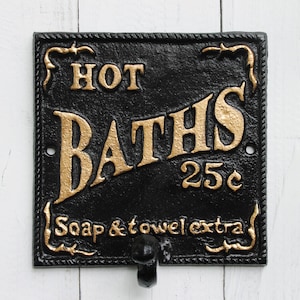Jet Black Bathroom Hot Bath Hook-Cast Iron Sign-Metal Wall Hook-Hook-Bathroom Fixture-Ebony Black-French Decor-Gold Letter-Spring Home Decor