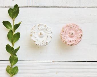 Chateau Cottage Flower Knobs Painted Shabby Chic White Kitchen Cabinet Pulls Dresser Drawer Door Cupboard Handle,French Cottage, Light Pink