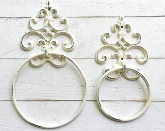 Shabby Chic Towel Ring, In Creamy Ivory  White, Towel Hanger,Heavy Cast Iron Towel Hook,Shabby Chic Bathroom Accessory,Fleur De Lis Design