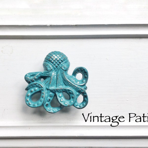 Vintage Patina Octopus Dresser Pull-Cabinet Pulls-Shabby Chic Blue Starfish Knobs-Sea Shell Knobs-December - Medium Blue , Nautical Hardware