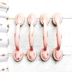Shabby Chic Knobs Blushing Pink Drawer Pulls , Cupboard Drawer Pulls  , Pink Room Decor , Vintage Metal Pulls , Light Pink Romantic Hardware
