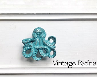 Vintage Patina Octopus Dresser Pull-Cabinet Pulls-Shabby Chic Blue Starfish Knobs-Sea Shell Knobs-December - Medium Blue , Nautical Hardware
