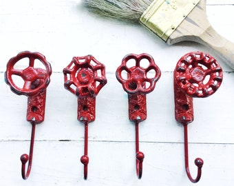 Set of 4 Faucet Hooks Cast Iron Hook , Country Red Hook Towel Vintage Hook Wall Hook , Chippy Bathroom Bath , Red Wall Decor , Country House