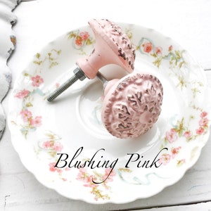 May include: Two pink porcelain cabinet knobs with a floral design. The knobs are on a white plate with a floral pattern. The text "Blushing Pink" is written on the plate.