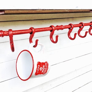 Country Red Bar with Hooks  Rustic , Kitchen Towel Holder , Farmhouse Hook  , Rustic Pipe Bathroom Holder , Decorative Wall Hooks , Fall