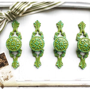 Distressed Turquoise Aqua Green Cabinet Pulls , Shabby Chic Drawer Knobs , Furniture Handles , Blue Green Metal , Bohemian Home Decor