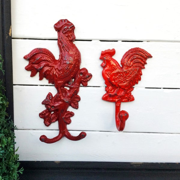 Rustic Cast Iron Rooster Hook - Cast Iron- Towel Hook -In Country Red Fire Engine Red -French Kitchen-Towel Holder-Coat Hook -Animal Hook