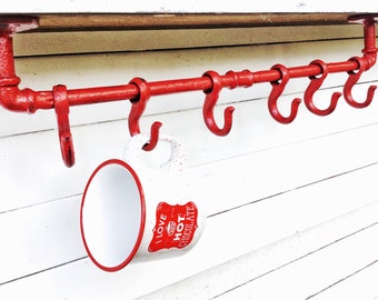 Country Red Bar with Hooks  Rustic , Kitchen Towel Holder , Farmhouse Hook  , Rustic Pipe Bathroom Holder , Decorative Wall Hooks , Fall