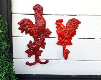 Rustic Cast Iron Rooster Hook - Cast Iron- Towel Hook -In Country Red Fire Engine Red -French Kitchen-Towel Holder-Coat Hook -Animal Hook